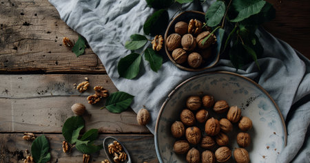 Freshly gathered walnuts in a bowl sit alongside vibrant green leaves on a weathered wooden tabletop, creating a natural display.の素材