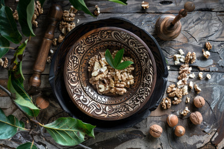 Walnuts are beautifully displayed in an ornate bowl alongside green leaves on a weathered wooden table with vintage tools.の素材