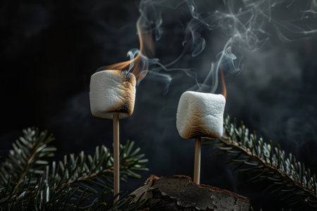 Golden marshmallows smoke gently as they roast over a warm flame, set against a dark background of pine branches.の素材