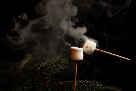 Two marshmallows are being expertly roasted on sticks, releasing steam and surrounded by a backdrop of evergreen branches.の素材