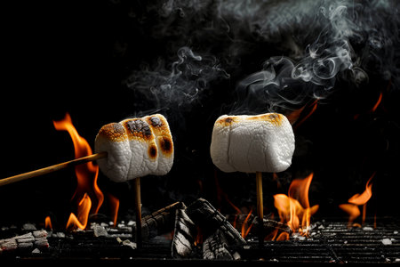Two marshmallows on sticks are being grilled over an open fire with smoke rising, capturing a cozy summer moment.の素材