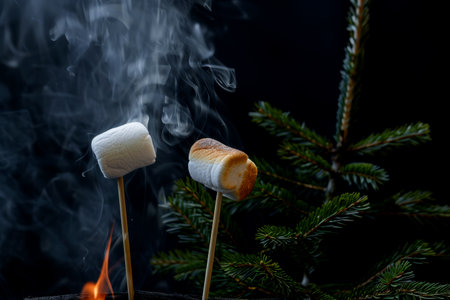Two marshmallows are being grilled on sticks in front of a glowing fire with smoke rising, surrounded by dark nature.の素材