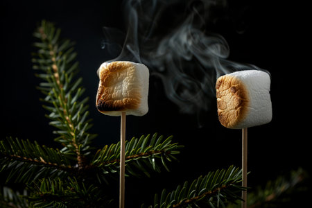 Two marshmallows on sticks are being held close to a fire, producing wisps of smoke while set against a dark background with greens.の素材