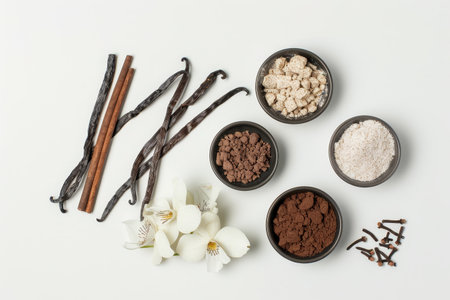 Different spices and natural ingredients are arranged neatly in bowls, showcasing a mix of textures and colors on a white background.の素材