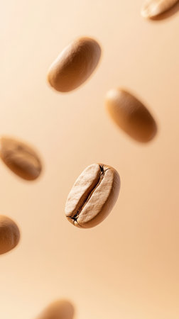 Coffee beans are suspended in mid-air, showing their rich texture and inviting aroma. The warm backdrop enhances their natural appeal.の素材