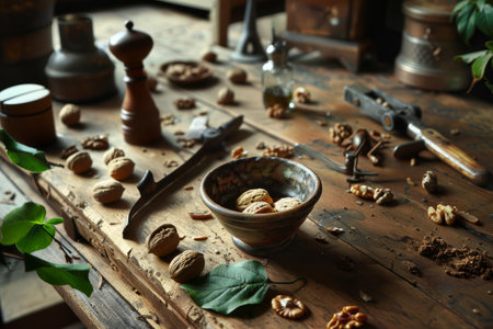 A bowl filled with walnuts rests on a wooden table, surrounded by scattered nuts and green leaves, creating a warm and inviting atmosphere.の素材