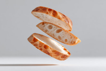 Three slices of sourdough bread levitate gracefully against a minimalist background, showing their unique texture and airiness.の素材