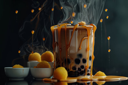 Delicious cup filled with brown sugar boba tea, black pearls, and caramel dripping down, surrounded by sweet treats on a sleek surface.の素材