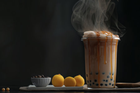 A delightful cup of boba tea presents brown sugar syrup and black tapioca pearls, accompanied by lemon and snacks, evoking warmth and comfort.の素材