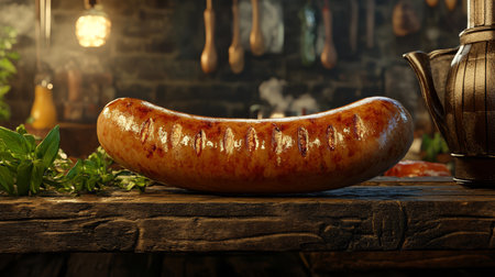 A whimsical bratwurst takes center stage on a wooden table, surrounded by fresh herbs and kitchen utensils, creating a warm atmosphere.の素材