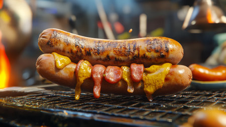 A playful bratwurst character with vibrant mustard and toppings is grilling under warm light, evoking a fun and appetizing atmosphere.の素材