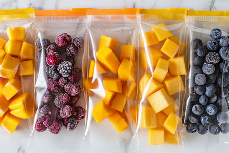 Different clear bags contain an assortment of frozen fruits, showcasing vibrant colors and neat arrangements on a marble surface.の素材