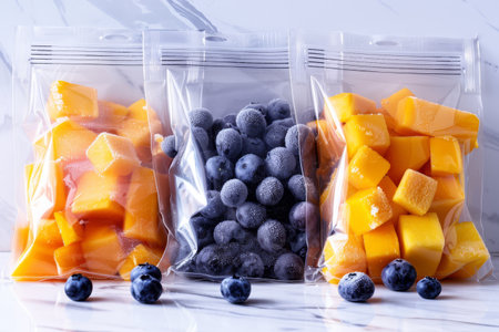 Transparent bags display frozen mango chunks, blueberries, and mixed fruits on a marble surface, showcasing a vibrant and colorful selection.の素材