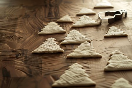 A Christmas tree-shaped cookie cutter lies next to several rolled-out cookie dough shapes on a wooden kitchen surface, creating a festive atmosphere.の素材