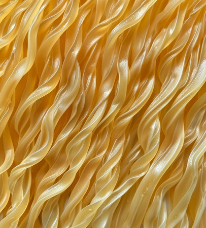 Detailed look at undried spaghetti highlighting its smooth, wavy strands and vibrant color under natural light on a flat surface.の素材