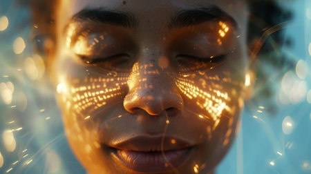 A person enjoys a peaceful moment, eyes closed, as soft light dances across their face, highlighting their calm expression and delicate features.の素材