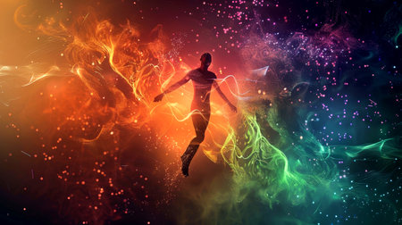A tranquil human figure levitates with arms outstretched, enveloped in colorful energy swirls and a magical backdrop at dusk.の素材