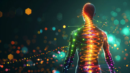 A mesmerizing display of colors illuminates the human energy body, showing the flow of energy through twisted patterns in a stunning setting.の素材