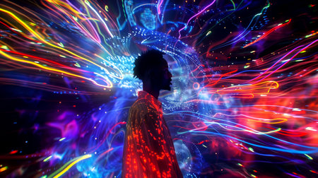 A radiant human silhouette stands still, surrounded by swirling colors and mystical lights in a dreamlike setting.の素材