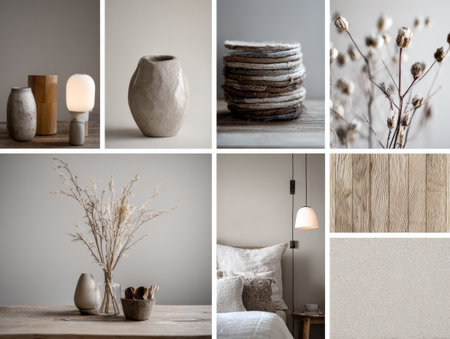 This inspirational board showcases Scandinavian interior design featuring simple, natural materials and a calming color palette.の素材