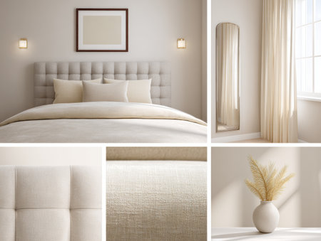 This modern classic bedroom moodboard highlights a calm atmosphere with soft furnishings, neutral colors, and elegant decor details.の素材