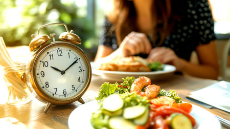 A vintage alarm clock stands prominently next to a healthy meal filled with vegetables and shrimp, signaling a moment during intermittent fasting.の素材