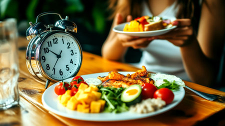 An alarm clock sits beside a plate of nutritious food as a woman prepares to enjoy her meal in a relaxed dining setting.の素材