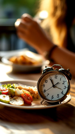 An alarm clock signals the time for eating, placed next to a healthy meal featuring fresh vegetables in a warm dining environment.の素材