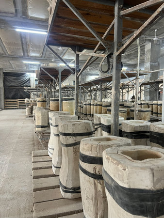 Workers create and store various ceramic pieces made from clay in a large production facility during...