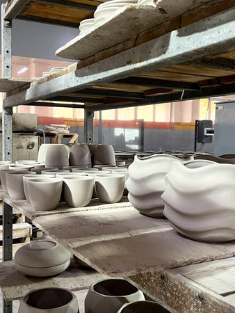 Clay vessels of various shapes sit on wooden shelves waiting to be fired in a workshop, showcasing the artistry of ceramic production.の写真素材