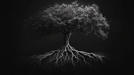 This artwork showcases a large tree of life featuring deep roots and expansive branches, symbolizing growth and interconnectedness in a striking black backdrop.の素材