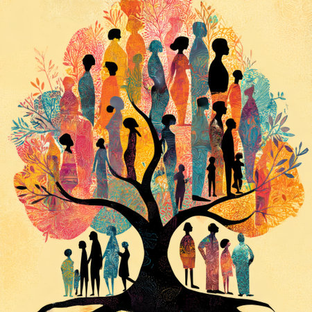 A vibrant family tree illustrates numerous silhouettes of people, showing their relationships and connections through colorful patterns and designs.の素材