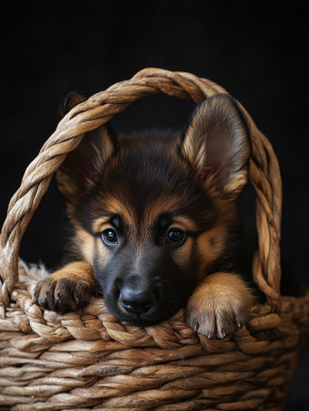 A close-up of a newborn German Shepherd puppy resting comfortably in a woven basket, exhibiting a calm demeanor and expressive eyes.の素材