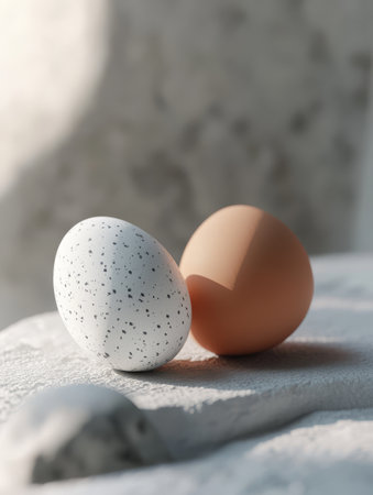 Close up of beautifully designed Easter eggs featuring smooth surfaces and subtle colors, set against a soft and neutral background.の素材