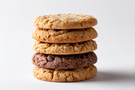 A tall stack of cookies featuring buttery flavors and rich textures sits on a clean white surface, inviting a tasty treat.の素材