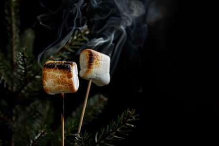 Two marshmallows are being held on sticks, with visible roasting marks and light smoke rising, evoking a warm, outdoor experience.の素材