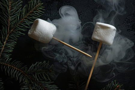 Two marshmallows on wooden sticks are being stretched out as they roast in a smoky atmosphere surrounded by evergreen branches.の素材