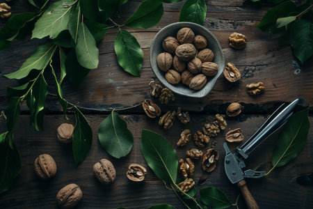 A bowl filled with walnuts rests on a wooden surface, surrounded by green leaves and scattered walnut halves, emphasizing a rustic touch.の素材