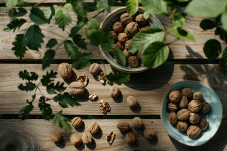 Walnuts are arranged in bowls on a wooden surface, accented by vibrant green leaves providing a natural touch.の素材