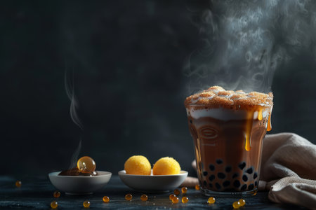 Enjoying aful delight cup of boba tea with brown sugar and black tapioca pearls, accompanied by sweet desserts, creates a cozy atmosphere.の素材