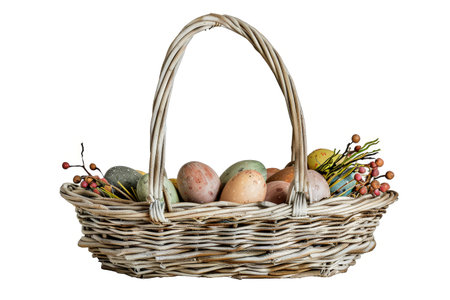 A beautifully arranged Easter basket showcases a variety of colorful, decorated eggs along with floral accents, perfect for spring celebrations.の素材