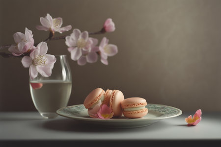 Pink macarons are arranged on a decorative plate beside cherry blossoms and a glass of water, creating a serene and elegant display.の素材
