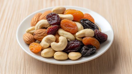 A colorful assortment of nuts and dried fruits is arranged on a white plate, showing a vibrant and healthy snack option for an afternoon boost.の素材