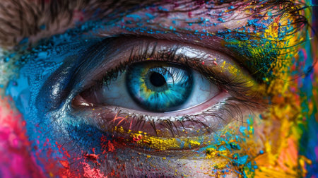 This semi-close portrait features a striking human face adorned with colorful paint. The focus is on an expressive blue eye surrounded by bright hues.の素材