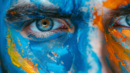 A person displays a striking close-up of their face adorned with vivid blue and orange paint, conveying strong emotions at a creative gathering during the day.の素材