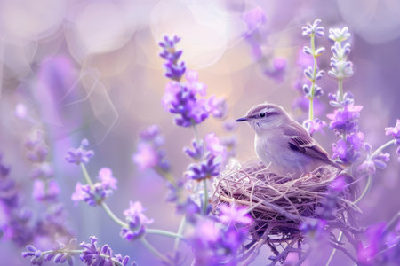 A small bird rests gently in its nest surrounded by blooming purple flowers under soft sunlight, creating a serene and beautiful scene of nature.の素材