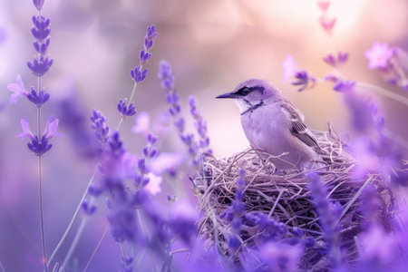 A charming bird rests in its nest surrounded by stunning purple flowers, bathed in the warm, gentle light of sunset, showing nature's beauty and harmony.の素材