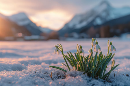 Snowdrops bravely rise through the cold snow as dawn approaches, their delicate petals shimmering in the gentle light of a wintry morning in the mountains.の素材
