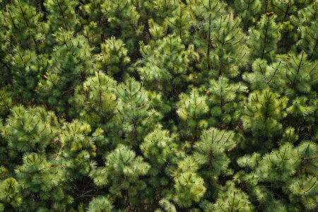 A thick grove of green pine trees fills the scene, showing their varied heights and textures under soft, filtered sunlight in a serene forest atmosphere.の素材