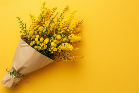 A bouquet of vibrant mimosa flowers is elegantly wrapped in craft paper, showing their bright yellow beauty against a cheerful yellow backdrop.の素材